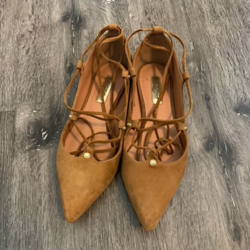 Halogen women's suede ankle wrap flats. Color: Tan, Size: 6.5